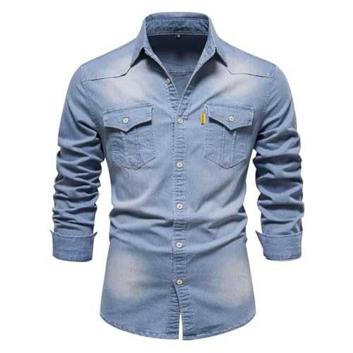 NQyIOS Men's Shirts Casual Denim Shirt Slim Fit Long Sleeve Button Down Shirt Distressed Washed Denim with Chest Pockets Regular Fit Wedding Dress Shirt Formal Business Casual Shirts