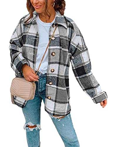 Zontroldy Womens Plaid Shacket Jacket Loose Lapel Button Down Wool Blend Tartan Shirt Jackets Coat, Black White, XL