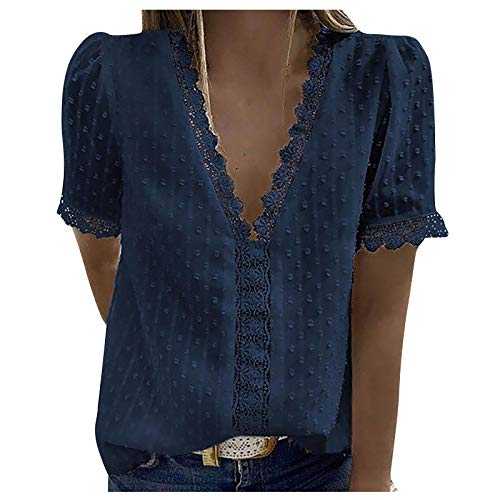 AMhomely Women's Blouse Sale,Ladies Lovely Lace Short Sleeve Casual T-Shirt V-Neck Solid Color Top Comfortable for Spring Summer Christmas Valentine's Day Deals A