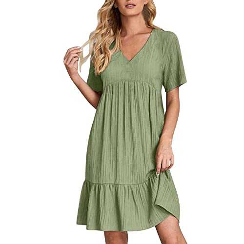 Womens Casual Cotton Dresses Plus Size Below Knee Length Midi Dress V Neck Wave Pleated Short Sleeve Dress Comfy Lightweight Flowy Swing Dress Summer Beach Vacation Dresses