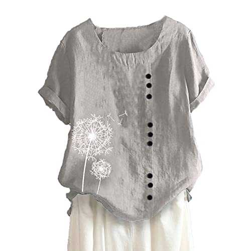 T Shirts for Women UK Cotton Loose Oversized Lightweight Dandelion Print Round Neck Button Short Sleeve Womens Blouses Summer Casual Ladies Tops