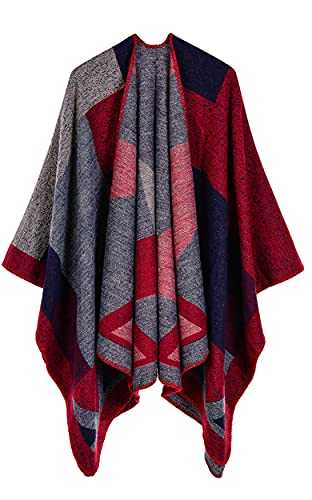 CheChury Women Printed Poncho Cape Reversible Scarf Oversized Shawl Wrap Open Front Cardigans Tartan Blanket Long Geometric for Women