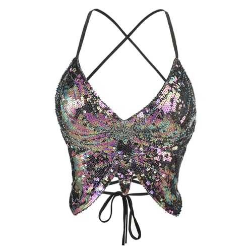ITODA Women Butterfly Sequin Halter Top Glitter Backless Sleeveless Crop Top Sexy Low-Cut Camisole Tank Sparkly Performance Costume Outfit for Belly Dance Latin Dance