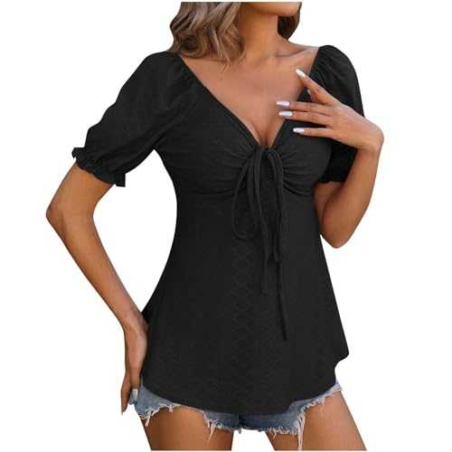 Clazshciyㅤ Sexy Summer Womens T Shirts Ruffle Short Sleeve Ladies Tops Deep V Neck Blouses Wrap Breast Band Shirts Solid Color Longline Tunic T-shirts Charm Streetwear
