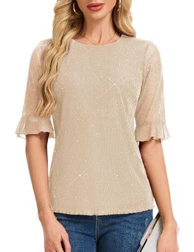 HomRain Women's Ruffle Bell Sleeve Blouses Crew Neck Sparkly Sequin Top Shirt for Casual Work Party Rave Outfits