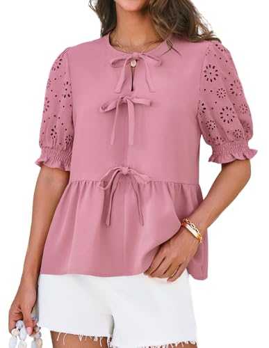 GRACE KARIN Women's Summer Tunic Tops Puff Short Sleeve Casual Blouses Crew Neck Bowtied T Shirts for Women Office Work Tops