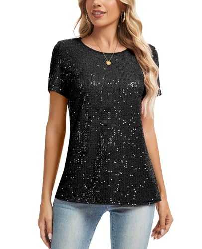 MINTLIMIT Womens Glitter Blouse Tops Fully Body Sequined Round Neck Lined Short Sleeve Sequin Blouses T-Shirt for Casual Nights Out Tops