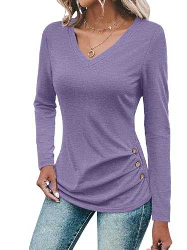Micticsi Womens V Neck Long Sleeve Shirts Ruched Tops Dressy Casual Tshirts Fall Fashion Outfits 2024