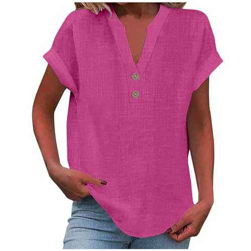Women's Summer Cotton Linen Cap Sleeve T-Shirt Button V-Neck Tunic Tops Lounge Baggy Plain Casual Shirts Trendy Blouse