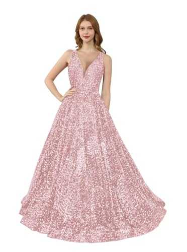 THBOEER V Neck Sequin Prom Dresses 2024 Long Sparkly Ball Gown for Women Formal Wedding Party Dress