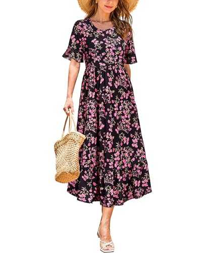 STYLEWORD Women Summer Dress Floral Short Sleeve Ladies Casual Swing Midi Dress with Pockets