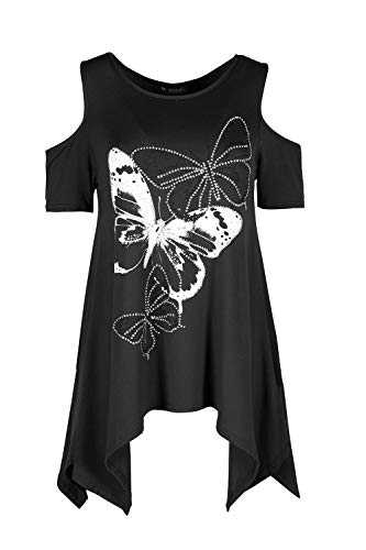Fashion Star Womens Short Sleeve Glitter Butterfly Cold Cut Shoulder Hanky Flared Swing Top