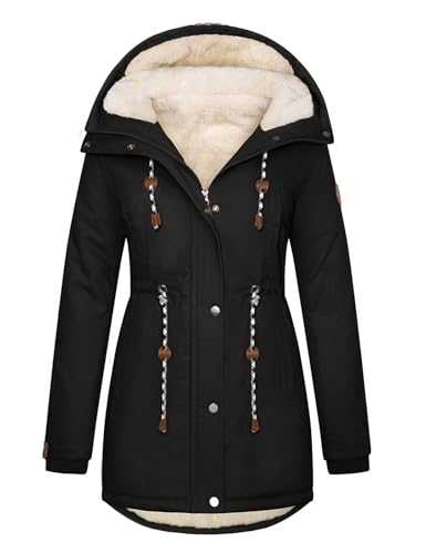 Women Parka Winter Coat Warm Fleece Lined Jacket Thick Quilted Hooded Outerwear Windproof Cotton Padded Overcoat with Pockets