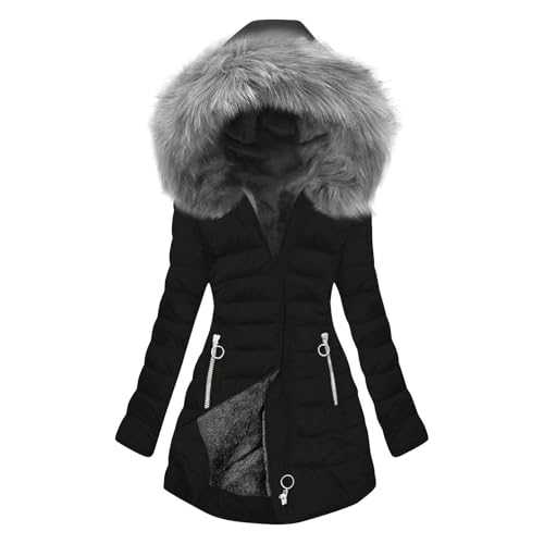 Yolimok Winter Jackets for Women UK Sale Clearance,Ladies Trench Coats Faux Fur Hooded Puffer Quilted Long Jacket Warm Parka Coats With Detachable Hood Sherpa Teddy Fleece Jacket