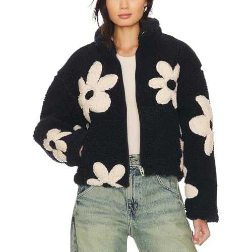 Winter Jackets For Women Uk Contrast Color Flower Cardigan Loose Lazy Lamb Wool Casual Coat Women Puffer Jackets Women Teddy Bear Coats For Women