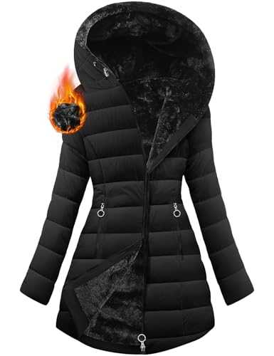 CMTOP Women's Long Coats Winter Fleece Lined Parka Jacket Warm Padded Long Jackets for Women Plush Water Repellent Ladies Coats Zipper Hooded Outwear Coat Elegant Thermal Womens Coats