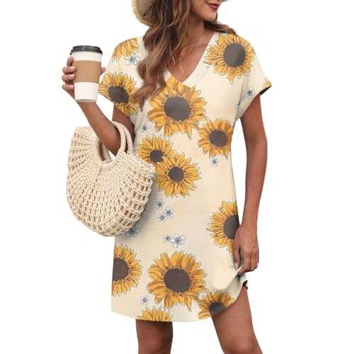 Women's Casual V-Neck Short Sleeve Loose Summer Dress with Pockets Lightweight Beach Cover Up Tunic for Vacation