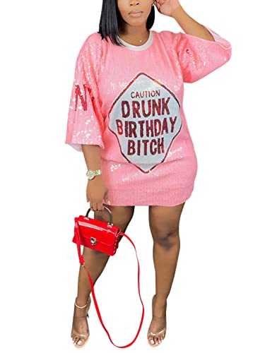 Fuiuwhs Its My Birthday Dress for Women Birthday Sequin Shirt Dress Letter Graphic Print Half Sleeve Dress