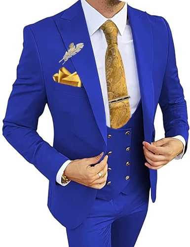 MOGU Mens Suits Gold Buttons 3 Piece Slim Fit Tuxedo Suit Set Blazer Vest Pants for Wedding Prom