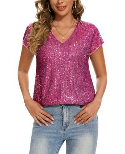 Tops for Women Sequin Sparkly Shirts Cap Sleeve V Neck Blouse Glitter Sequined Tunic Top Loose Casual Party