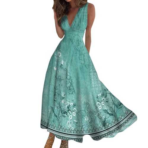 AMDOLE Party Dresses for Women UK 2024 Elegant V Neck Sleeveless Maxi Dress Stylish Flowy Printed Beach Dress Fancy Dress