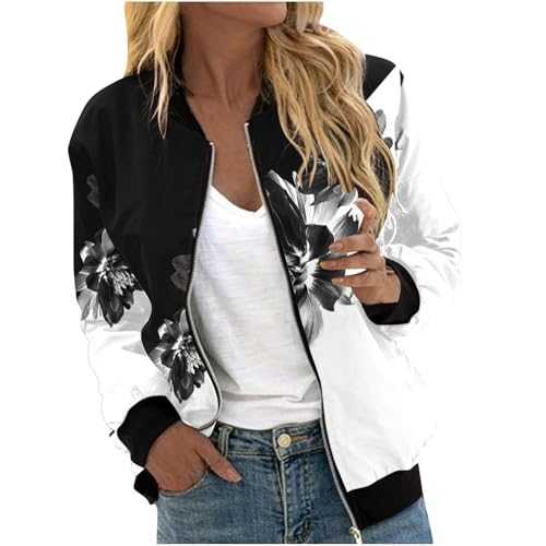 Womens Coat Fall Full Zip Jacket Outdoor Sportswear Round Neck Zipper Bomber Jacket Fashion Ladies Coats Long Sleeve Casual Loose Outwear Fall Clothing Tops