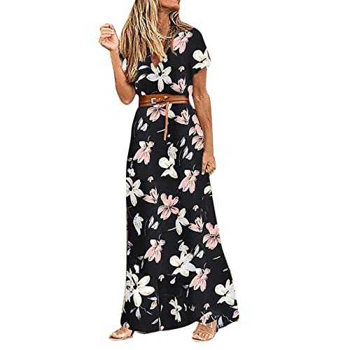 Skang Beach Dresses for Women UK Sleeved Two- Dress Print Short Round Neck Faux Womens' Casual Summer Women's Dress Flowy Hemline
