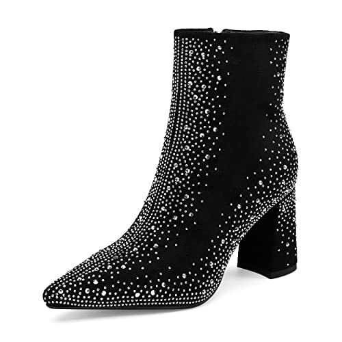 Perisis Women's Sparkly Rhinestone Block Heel Ankle Boots Fashion Pointed Toe Black Suede Side Zipper Chunky Heeled Booties