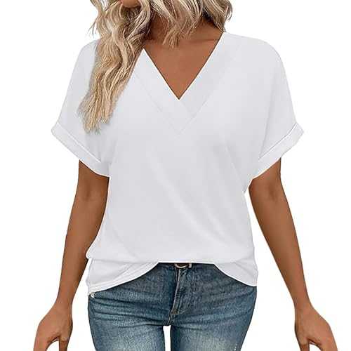 Celucke Women's Summer Casual V Neck Short Sleeve T Shirt, Ladies Short Sleeve Oversized Tshirts, Casual Solid Color Cotton T Shirts Comfy Loose Tunic Tee, Womens Tops Basic Summer T Shirts
