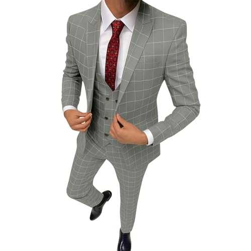 Men's Suits, 3-Piece Set Classic Checked Suit, Slim Fit Dressy Plaid Suits, One Button Formal Suit Jacket, Trousers, Vest Sets for Wedding, Prom, Business, Formal Dinner Occasions