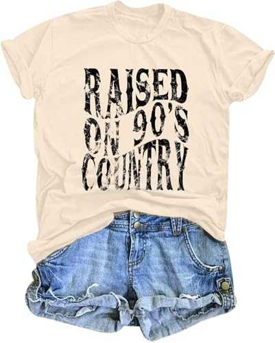 Raised on 90’s Country Shirt Vintage Letter Print Tee Top for Women Country Music T Shirt, Apricot, L