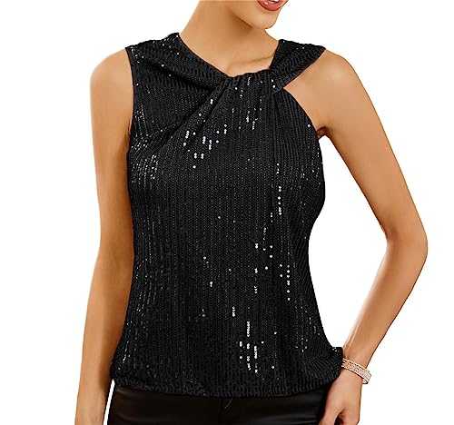 GRACE KARIN Women Sequins Sleeveless Sparkle Vest Front Collar Kink Blouse Top T Shirt