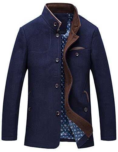 Men's Gentle Band Collar Single Breasted Wool Blend Pea Coat - Navy -