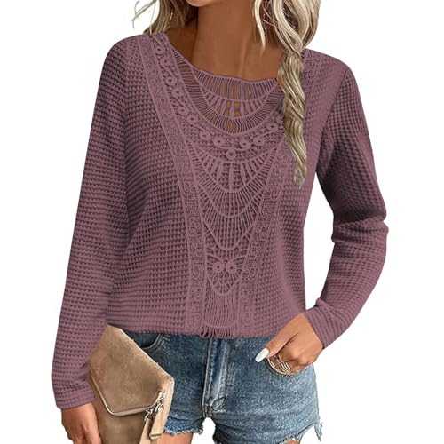 Women's Long Sleeve Top Elegant Solid Color Lace Waffle Patchwork Tee Shirt Dressy Casual V-Neck Blouses T-Shirt Lace Tunic Tops Business Office Work Shirts Tops for Ladies