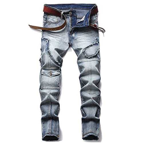 WJWLSKB Men's Elastic Locomotive Imitation Old Hole Jeans Slim Lightweight Casual Pant Straight Tube Street Zipper Jeans