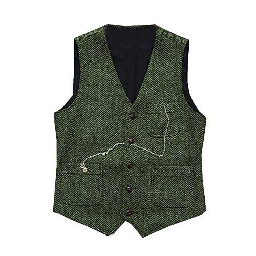 HSLS Mens Herringbone Suit's Wool Vest Tweed Casual Dress Waistcoat Formal(X-Large, Army Green)