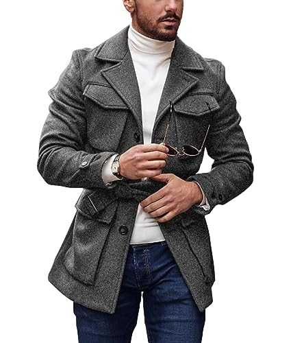 Pretifeel Mens Trench Coat Slim Fit Wool Blends Business Lapel Belted Overcoat Winter Casual Peacoat Jacket