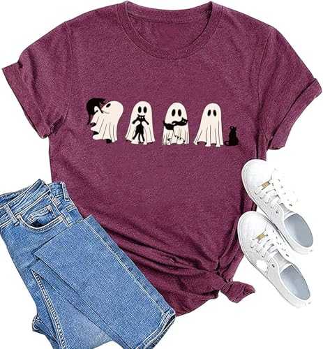 Ghost Halloween T-Shirt for Women Cute Ghost Cat Graphic Tee Spooky Season Shirt Vintage Short Sleeve Casual Fall Tops