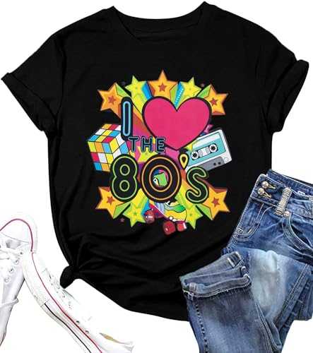 ASTANFY 80s Shirts for Women I Love The 80's T-Shirt 80s Outfit Hip Hop Party Tee T-Shirt Rock Star Back 1980s Themed Gift