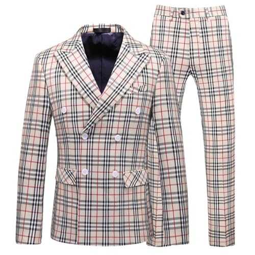 Ulnomio Men's Checked Suit Set Banquet Office Peak Lapel Double Breasted Buttons Three Pieces
