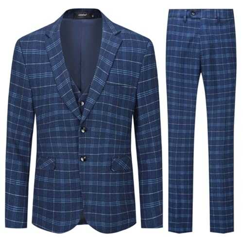 Allthemen Mens Suits 3 Piece Slim Fit Checked Suit Single Breasted Herringbone Vintage Tuxedo Formal Business Blazer Waistcoat Trouser