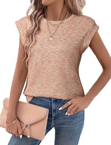 Summer Tops for Women Casual Crew Neck Waffle Knit Cap Sleeve T-Shirts Tank Top S-XXL