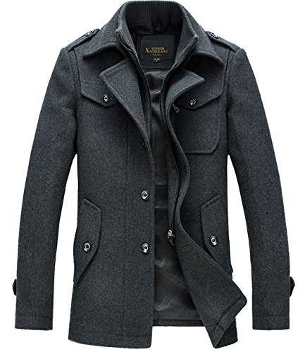 Men's Stand Collar Wool-Blend Classic Pea Coat with Removable Inner Collar - grey - Large