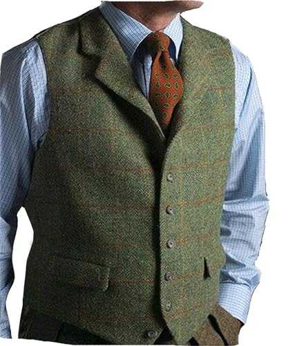 Mens Casual Plaid Suit Vest Tweed Slim Fit Waistcoat for Wedding Groomsmen