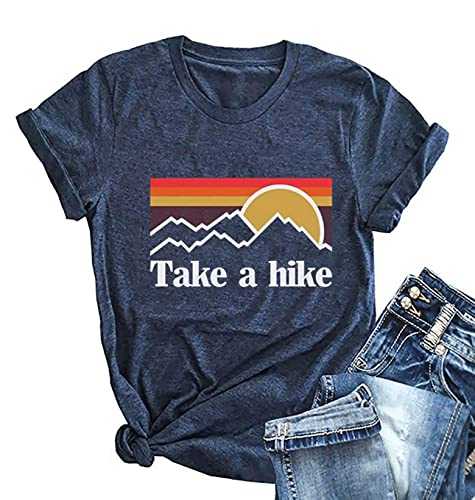 Mage Ella Womens Take A Hike Printed Short Sleeves T-Shirt Casual Camping Hiking Graphic Tee Tops