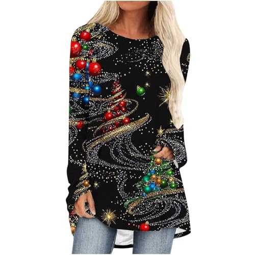 Mrat Christmas Tops for Women UK Clearance Xmas Tops Reindeer Snowflake Elk Print Shirts Novelty Graphic Sweatshirt Plus Size Tunics Tops Ladies Long Sleeve Loose Longline Blouses Loose Fit Pullover