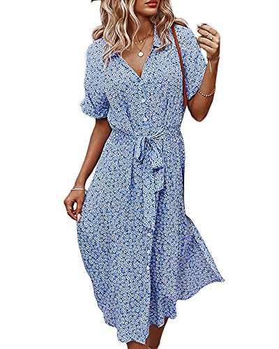 Acrawnni Women's Fashion Floral Print Belted Loose Shirt Dress Casual Short Sleeve Stand Collar Hollow-Out Ruffled Beach Holiday Dress