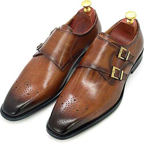 Men's Retro Italian Style Loafers Genuine Leather Monk Shoes Buckle Strap Slip-on Loafer Office Party Dress Shoes,Brown-39