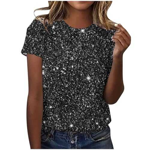 Sparkly Printed Tops for Women UK Casual Round Neck Short Sleeve T-Shirt Trendy 3D Printed Shiny Glitter Top Dressy Shirt Blouse Ladies Tunic Tops Loose Summer Tee Shirts for Party Carnival