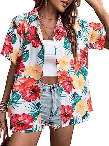 MYHALF Hawaiian Shirts for Women : Floral Printed Tropical Tops Button Down V Neck Short Sleeve Shirt